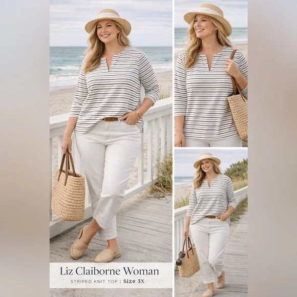 Liz Claiborne Woman 3X Navy White Striped Top Split Neck 3/4 Sleeve Stretch - Picture 3 of 13
